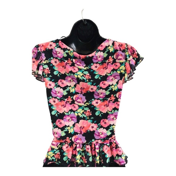Black pink purple‎ floral peplum shirred front heart neckline blouse size large - Picture 5 of 14